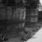 Wooden barrels used for rainwater collection in a garden