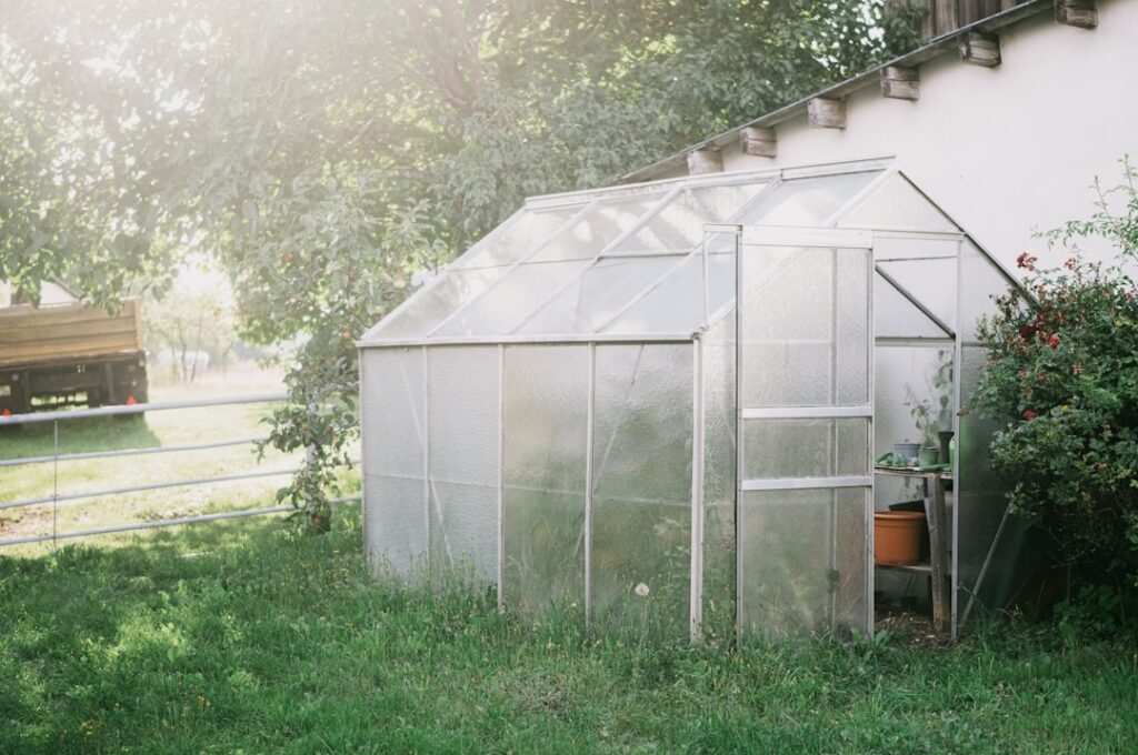 A small standalone greenhouse kit set up in a backyard garden