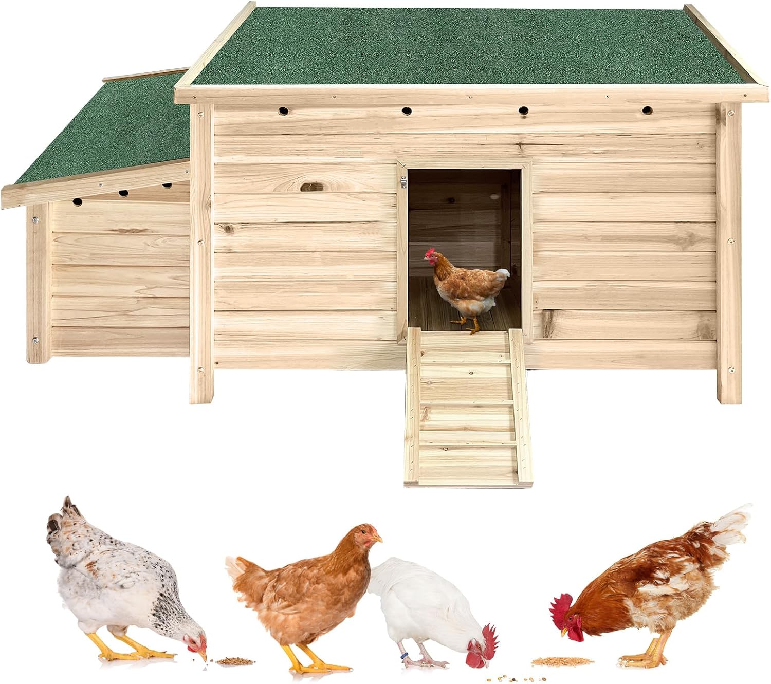 Unovivy small wooden chicken coop with nesting box and ramp. Image source: Amazon.